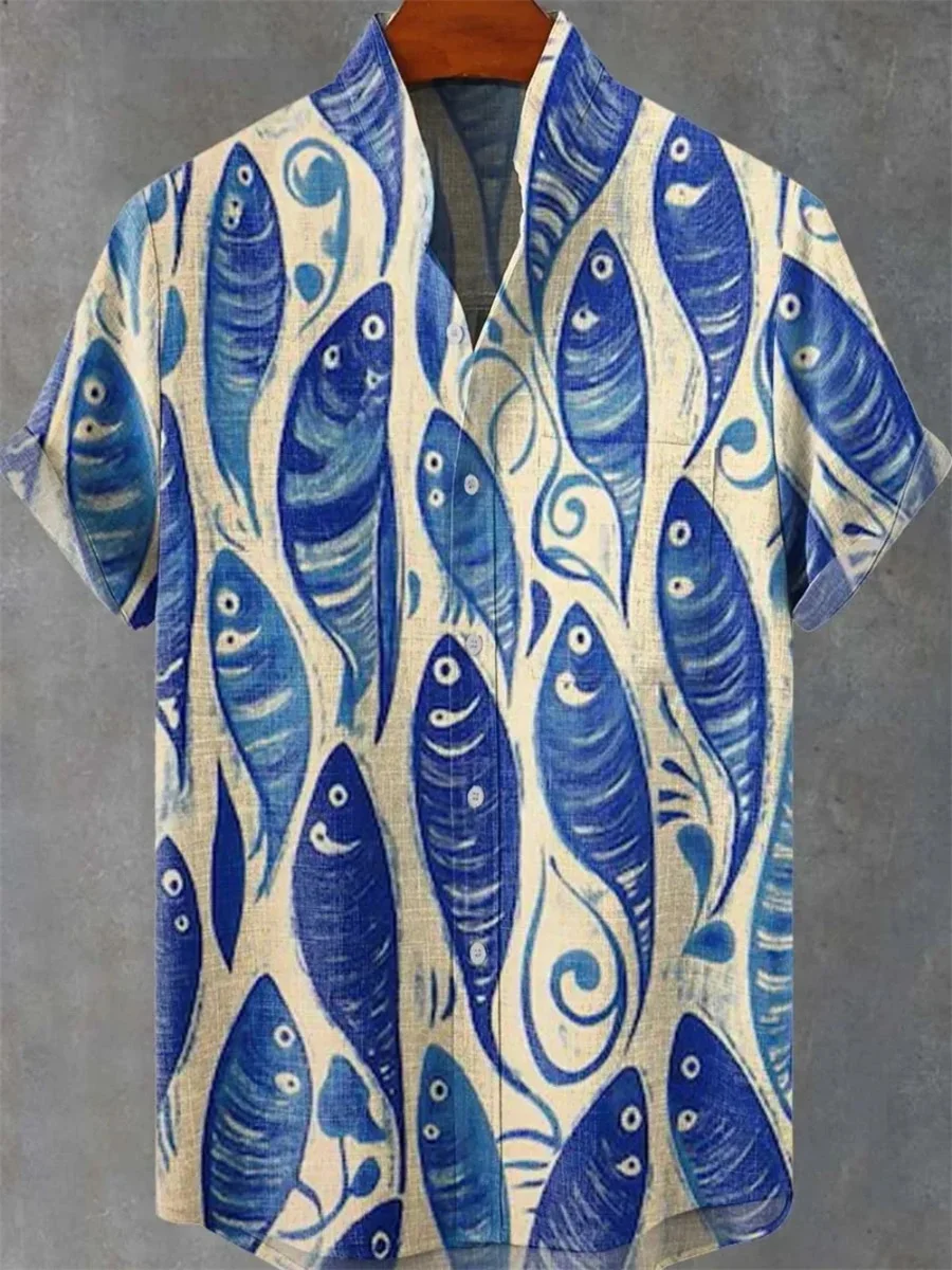 New summer men's retro 3D art print striped fish pattern casual fashion linen men's stand collar shirt