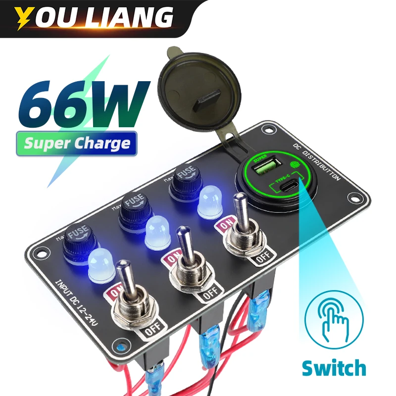 

66W Super Charger Usb C QC3.012V 24V 3 Gang Rocker Switches Panel Fuse Holder With Light For Camping Car Boat RV Vehicle