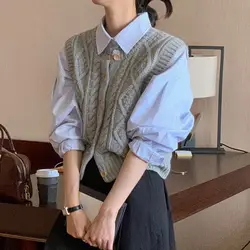 Lapel Bubble Sleeve Striped Shirts 2024 Spring Grey Twists Knit Vest Chalecos Para Mujer Loose Temperament Sweater Tops Coat