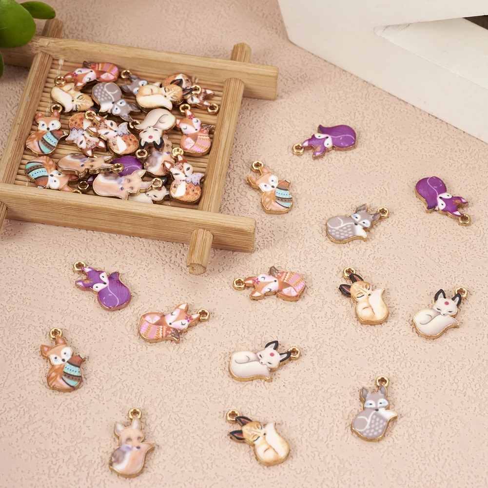 32Pcs Cute Fox Charms Painted Alloy Animal Metal Pendants Mixed Color For Necklace Bracelet Keychain Jewelry Making Findings