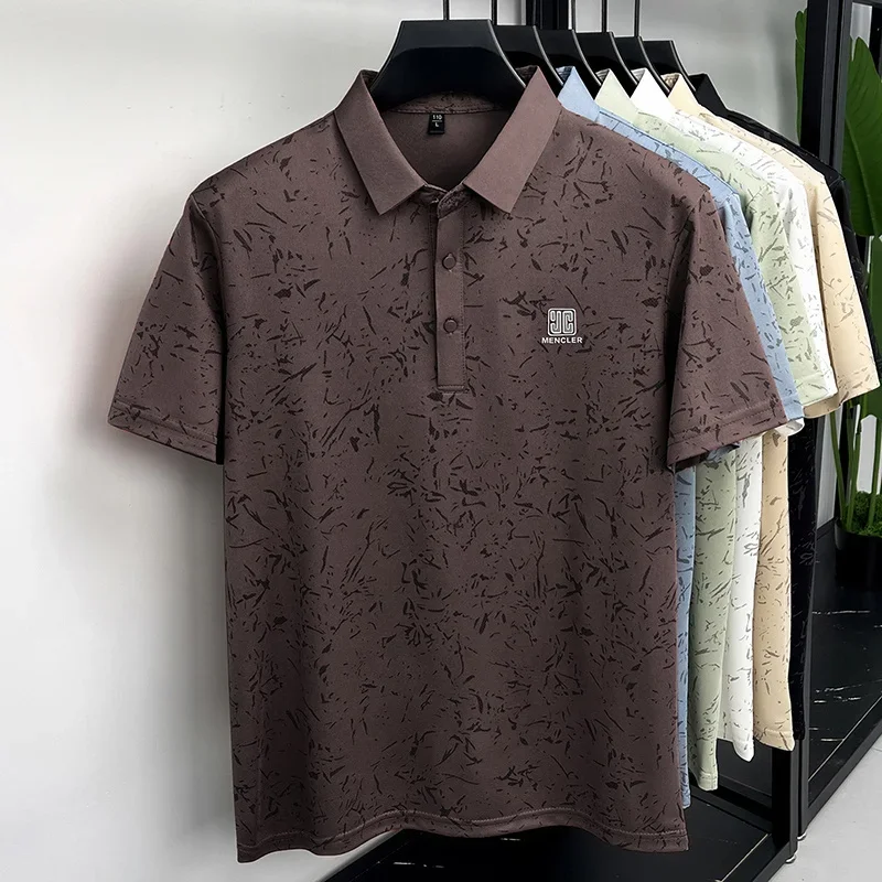 Breathable Mesh Fabric Male Printed Polo Half Button Placket Weekend Outdoor Walking Home Relax Errands Outfit