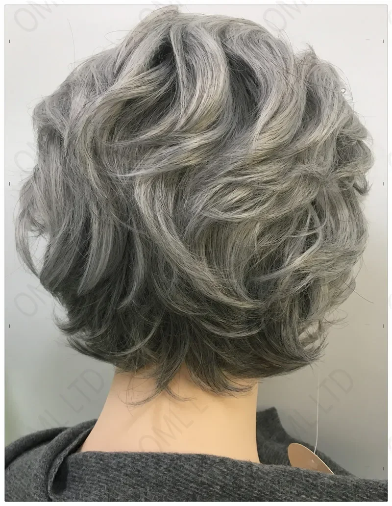 Short Curly Wigs for American Women Grey Ombre Hair with Bangs Curly Wavy Synthetic Wig Real Looking Mommy Wigs Cosplay Party