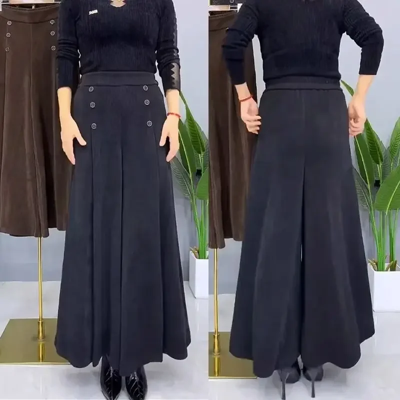 

Женская одежда среднего возраста, осень-зима, винтажная элегантная свободная юбка, брюки, женские однотонные широкие брюки с высокой талией, брюки