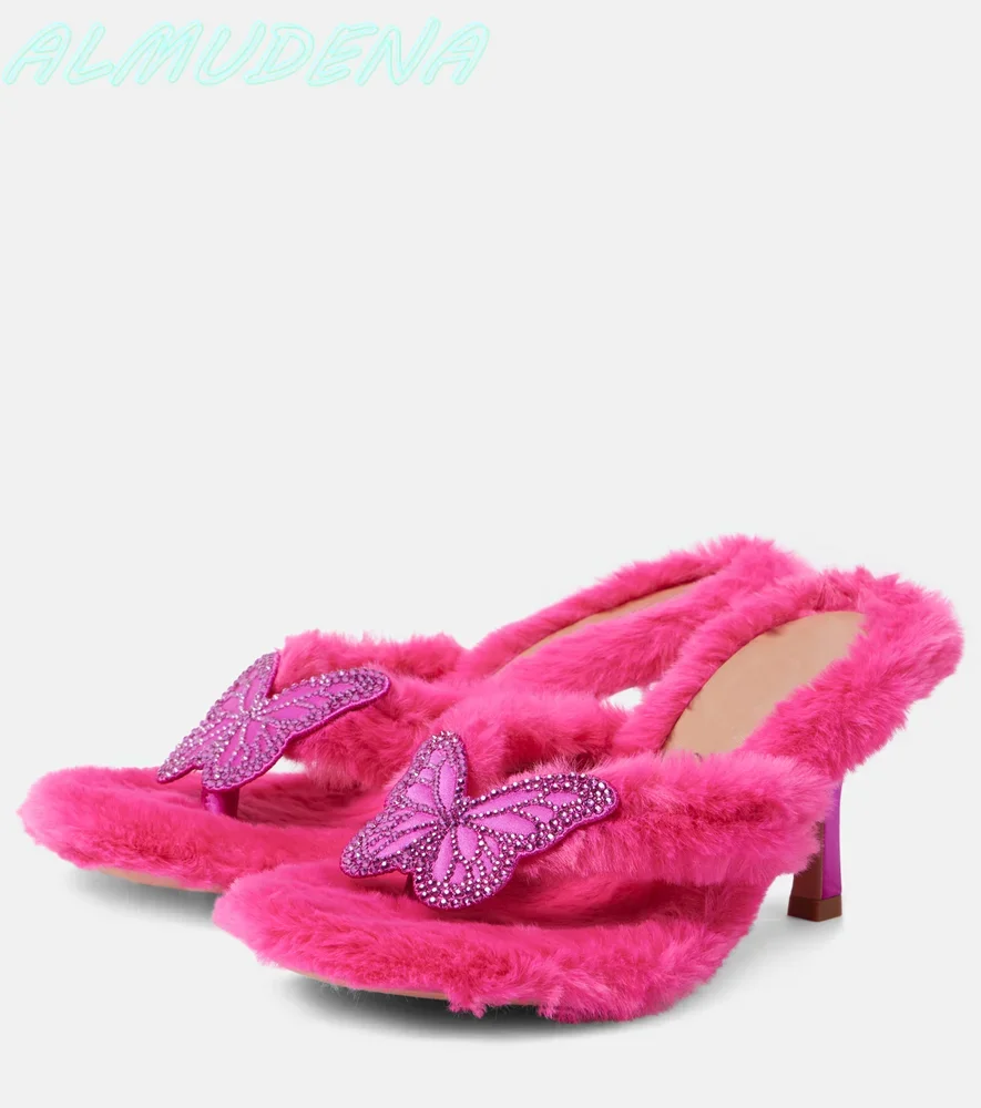 

Rose Red Butterfly Slippers Rhinestones Handmade Round Slip-on Toe Thin High Heels Summer Fur Women Shoes Luxury 2025 New