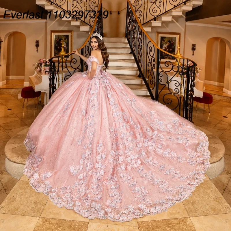 EVLAST Aangepaste Roze Quinceanera Jurk Baljurk Bloemen Kant Applique Kralen Mexico Sweet 16 Vestidos De 15 Anos TQD755