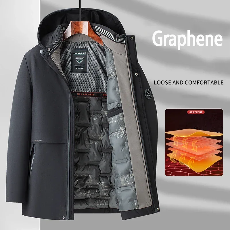 Graphene FabricMens White Jacket Warm Hooded Thick Slim Fit Puffer Jacket Coat Male Casual High Quality Overcoat Thermal Size5xl