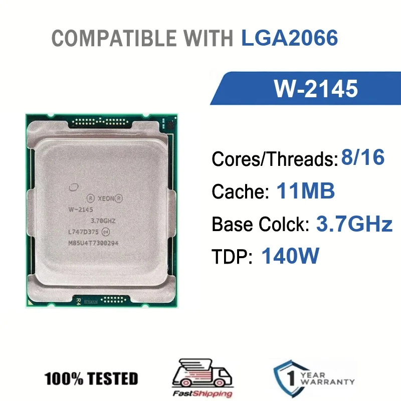 Intel Xeon W-2145 8 Núcleos 16 Subprocesos 3.7GHz 140W 11MB Caché 14nm LGA2066 SR3LQ DDR4 1600/1866/2133/2400/2666 MHz Skylake-W