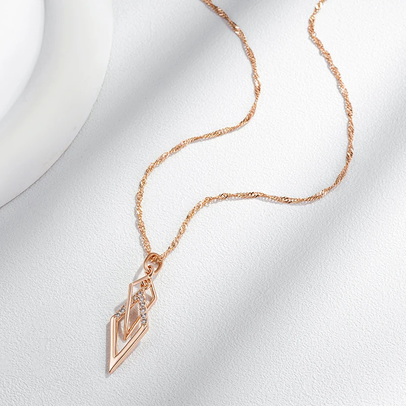 Kinel Fashion Glossy Hollow Rhombus Pendant Necklace for Women Unusual Natural Zircon 585 Rose Gold Color Daily Fine Jewelry