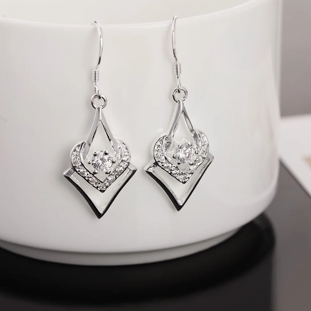 

Hot Sale 925 Sterling Silver Heart Rhombic Drop Dangle Earrings For Women Wedding Zircon Jewelry Crystal Noble Cute Nice Gift