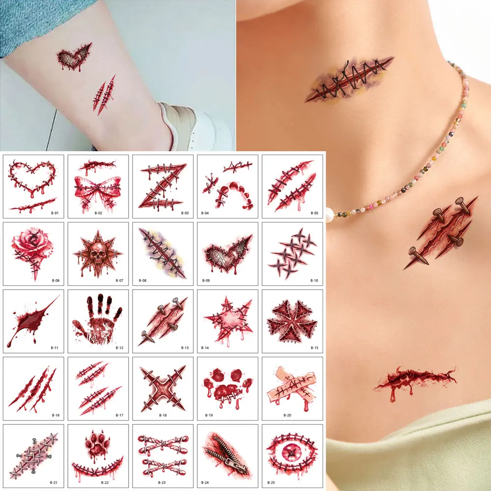 25pcs Waterproof Temporary Tattoos for Halloween Night Scar Fake Tattoo Bloody Wound tattoo Stickers for Body Face Makeup