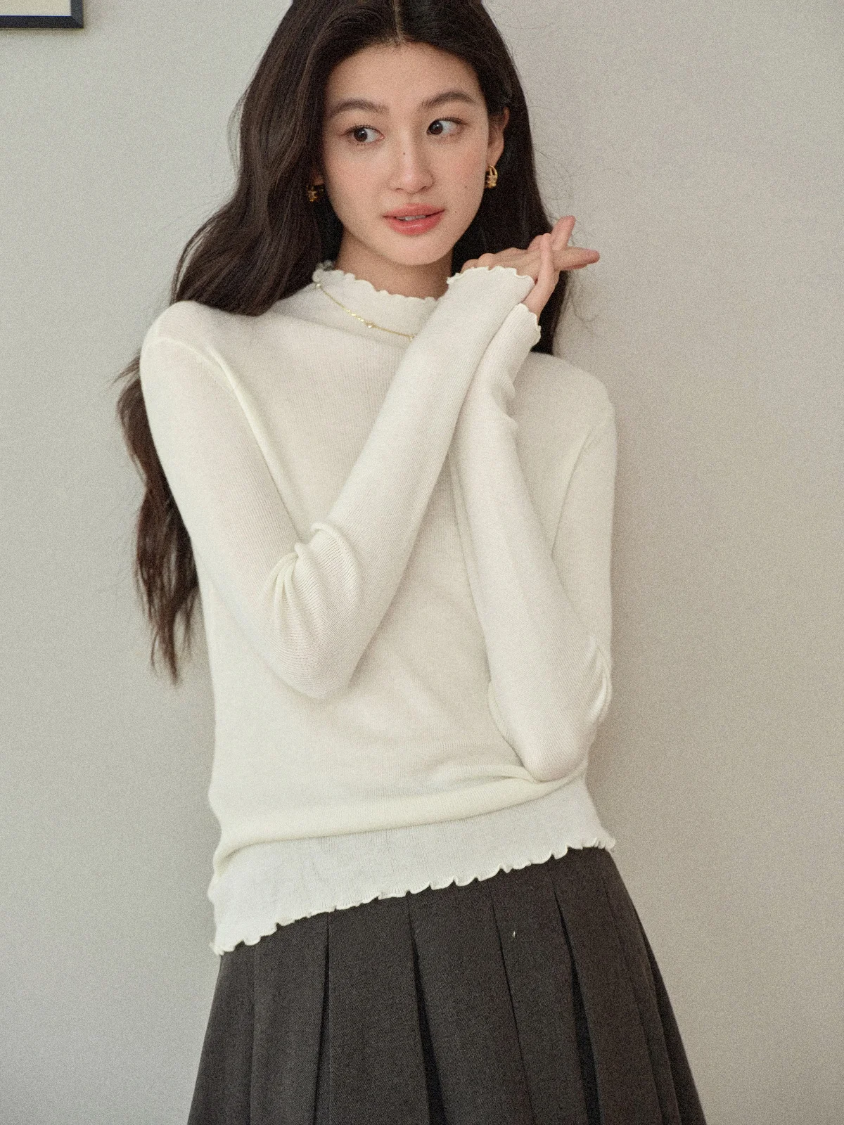 

Простой повседневный вязаный топ с круглым вырезом для женщин, с узором «Грушевая ветка» и деревянным воротником, цвет белой сливы, осенний