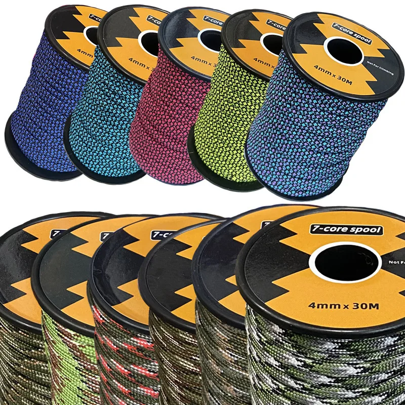 Cross-border hot-selling 30-meter umbrella rope, camouflage color 7-core 4mm woven rope, handmade rope tent rope  sales
