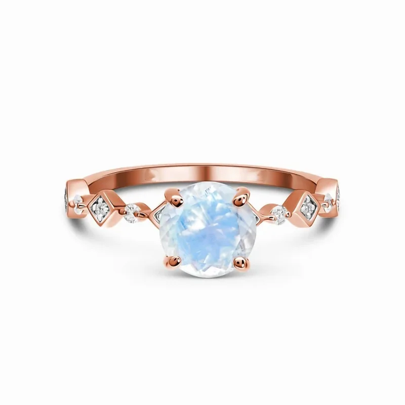 

Hot sale of S925 sterling silver round moonstone micro-encrusted diamond rose gold ring Women's fashion versatile jewelry