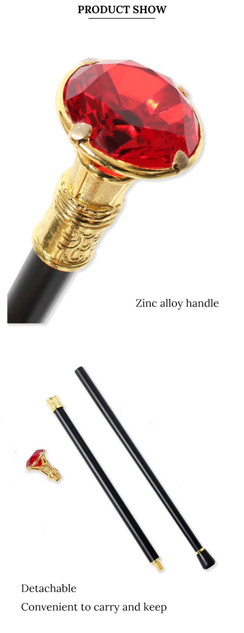 10 Colors Shiny Gold Crystal Gem Top Walking Cane Detachable Vintage Walking Stick Cosplay Party Prop for Men And Women