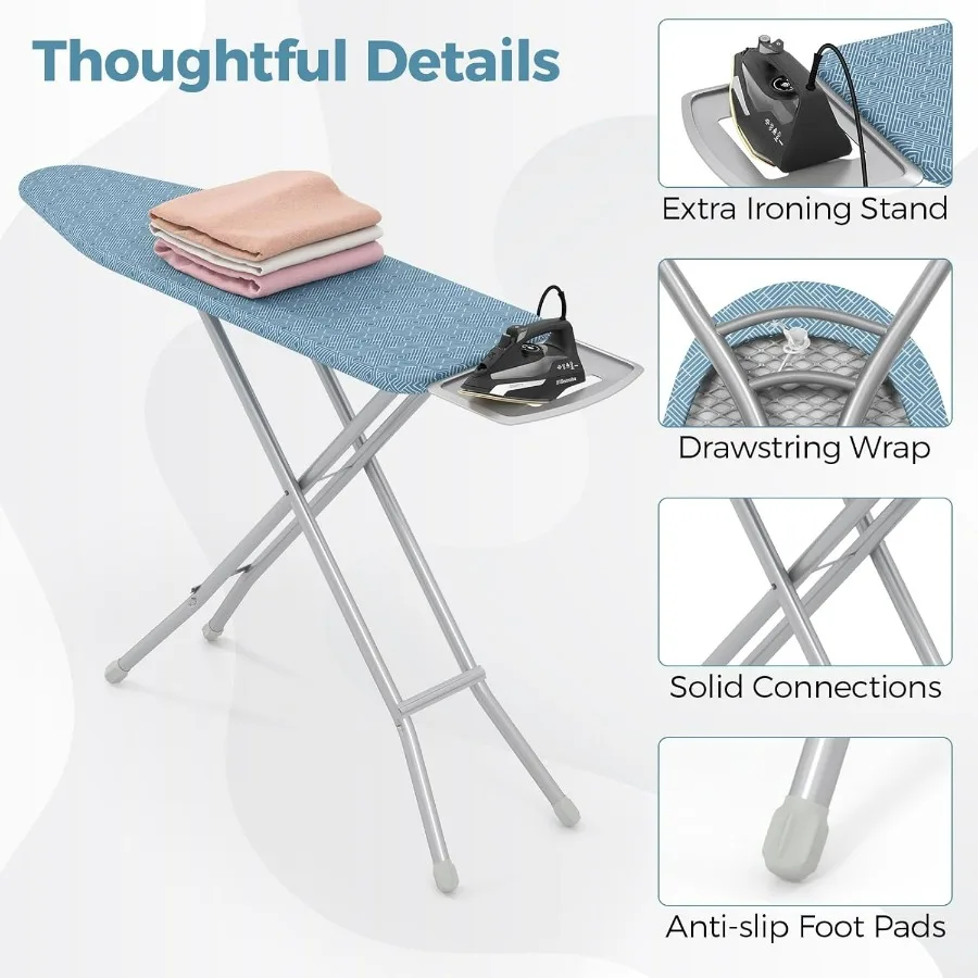 لوح كي بالحجم الكامل، حامل حديد قابل للطي مقاس 57 بوصة × 15 بوصة مع ارتفاع 7 مستويات قابل للتعديل، غطاء كي مقاوم للحرارة، شديد التحمل