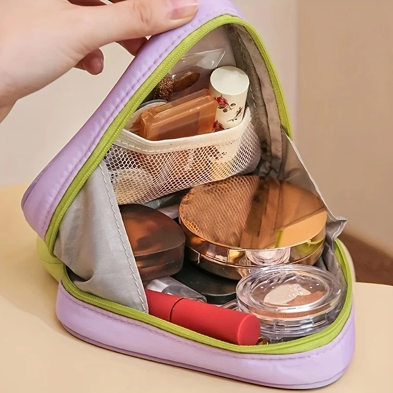 Mini bolsa de maquillaje triangular para mujer, bolsa de almacenamiento de cosméticos de nailon con cremallera, organizador de maquillaje duradero para chica