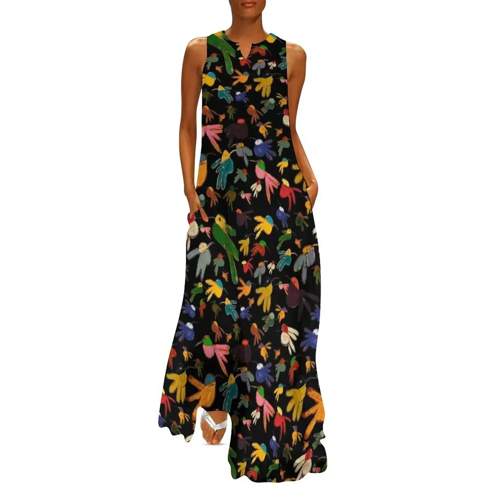 

Multicolor Hummingbirds on Black Long Dress bandage dress elegant women's dresses for wedding cocktail dresses Dress