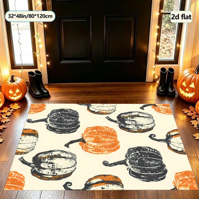 Velvet Rug Hand Painted Orange Black White Pumpkin All over Retro for Entryway Living Room Bedroom Decor