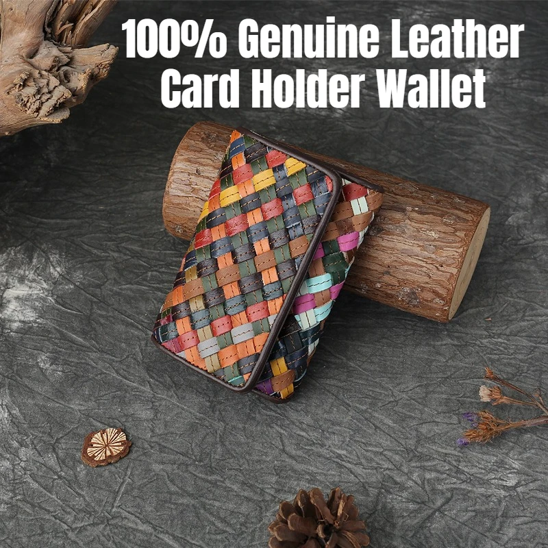 Handmade Genuine Leather Rainbow Woven Short Wallet, Color Block Multi Card Slot Flip Closure, Large Capacity Money Clip Purse