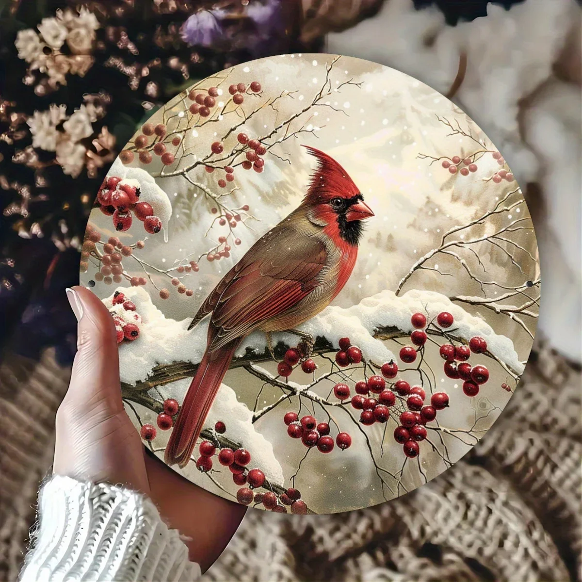 Winter Red Cardinal with Snowy Berries Round Metal Sign, 2D Flat Printed Christmas Bird Art Tin Plaque, Vintage Style Festive Ho