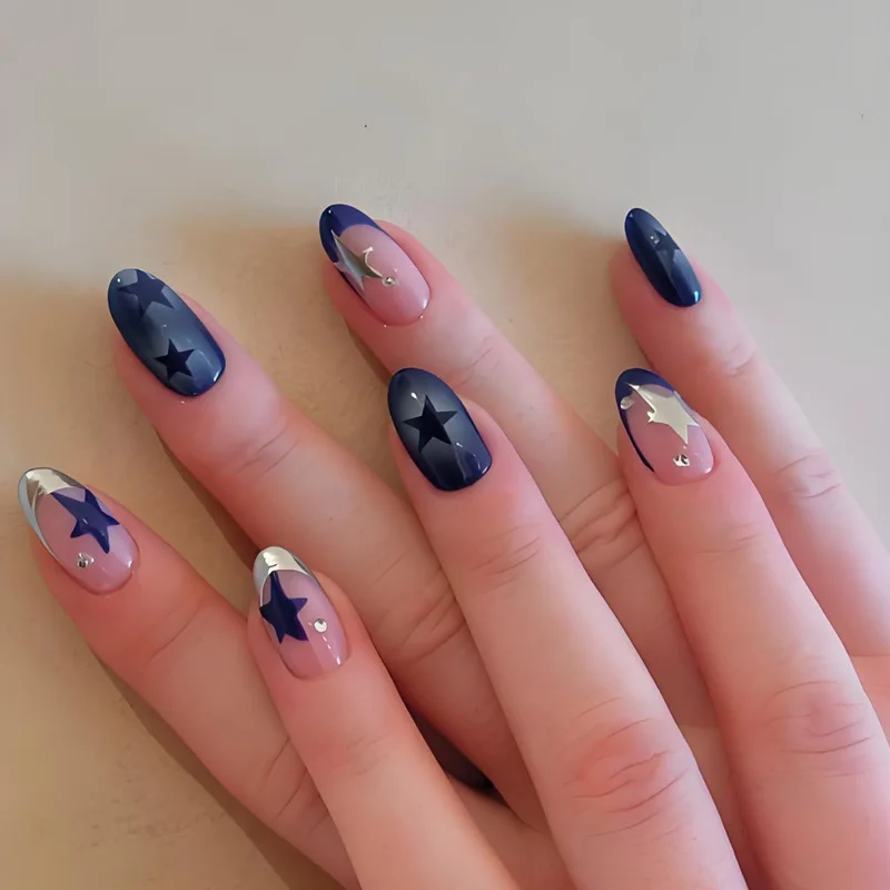 24Pcs Short Round Head Fake Nails Full Cover Wearable Press On Nails Y2K Pink Star Printed Spicy Girls Charms False Nails