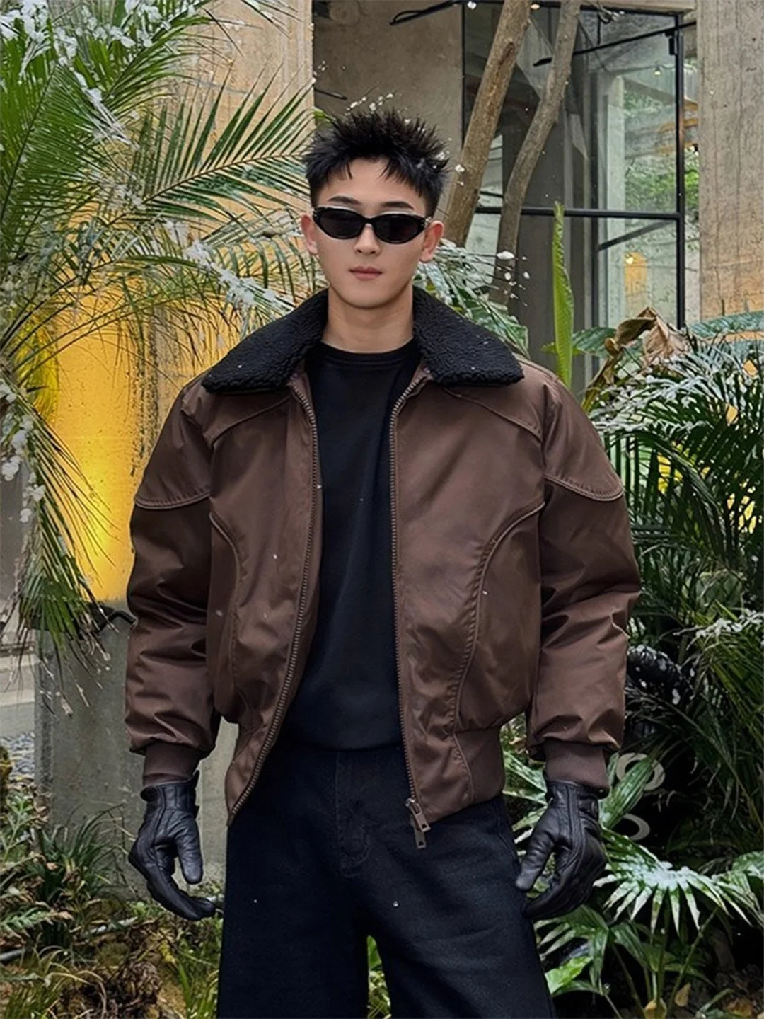 

Thiened ort Sle Lamb Fur Collar Puffer Jaet Cleanfit ape Winter Warm Outerwear for Men Casual Loose Fit Polyester F...