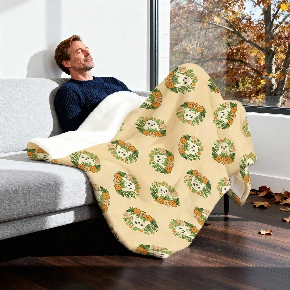 1pc Soft Flannel Cozy Blanket Suitable for Bed, Sofa & Camping - Cute Ghosts, Pumpkins & Bats Beige & Orange Bedspread, Ultrasound-Pressed Spooky Bedspread for &, - Cozy Throw Gift