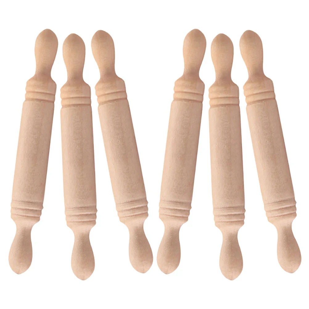 6 Pcs Mini Wood Rolling Pin Small Roller Decorative Kitchen Toys Wooden Simulation Stick Child Kids Pretend Play