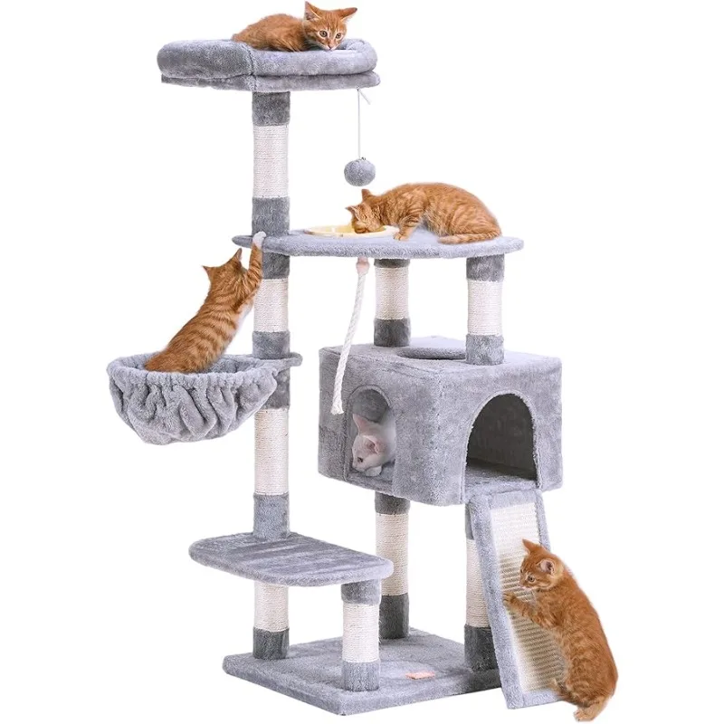 

Heybly Cat Tree, Cat Tower for Indoor Cats with Scratching Board, Multi-Level Cat Furniture Condo with Feeding Bowl, Light Gray