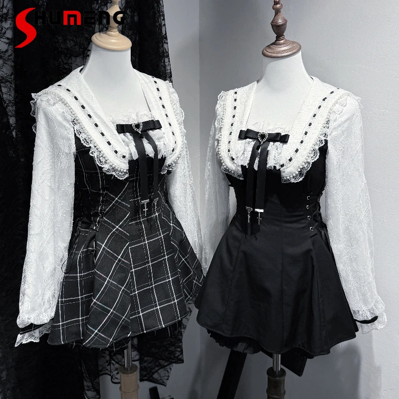 Autunno Nuovo Dolce Abito Carino Set Stile Giapponese SC Rojita Maniche Lunghe Fiocco Colletto di Perle Slim Fit Top Abiti Pantaloncini 2 Pezzi Vestito