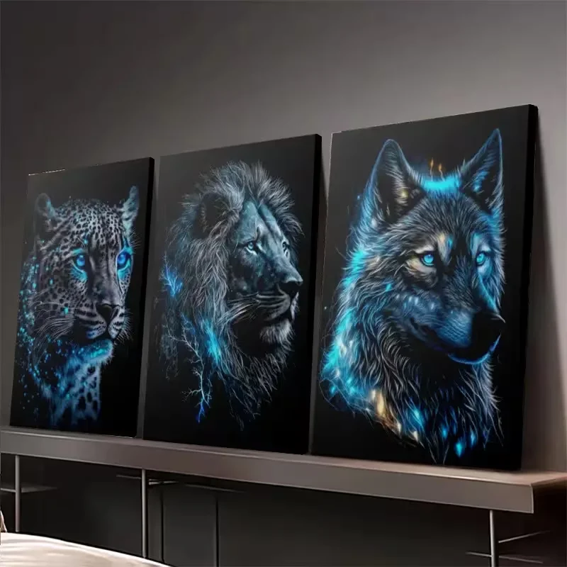 5D Diy Diamond Painting Triptych Blue Leopard Wolf Lion Full Square Round 3Pcs Diamond Embroidery Cross Stitch Kits Wall Decor