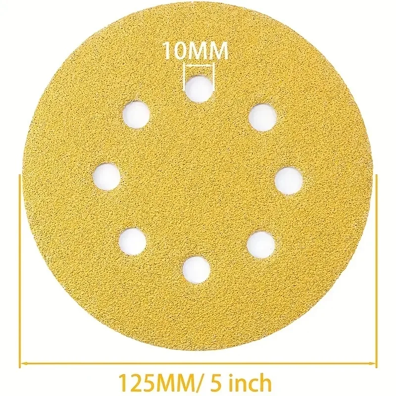 10/50pcs 5 Inch Yellow Sanding Discs 8 Holes 125mm Hook And Loop Aluminum Oxide Sandpapers For Polishing Random Orbital Sander