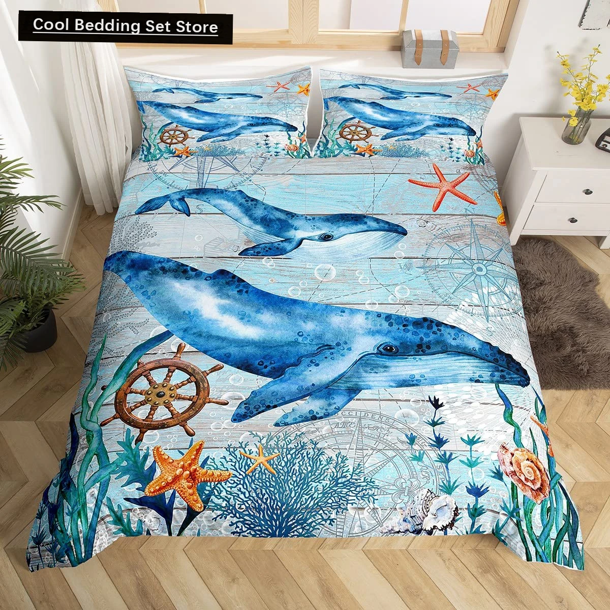 

Whales King Queen Duvet Cover Ocean Animal Bedding Set Seaweed Starfish Marine Life Quilt Cover Blue Polyester Comforter Cover