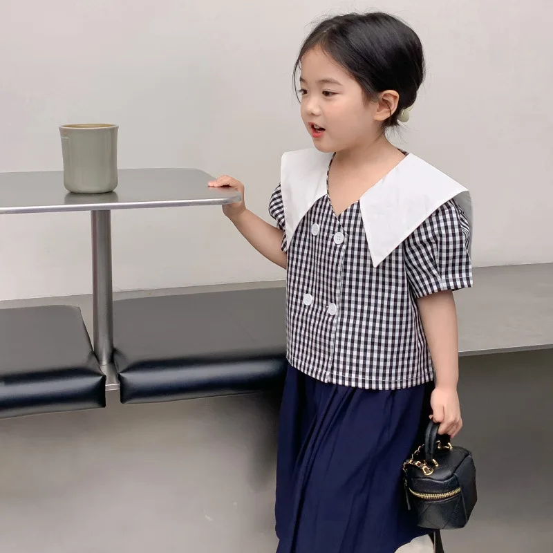 Japanese style artistic retro navy blue half skirt set for girl summer new style girls' checkered shirt two-piece set