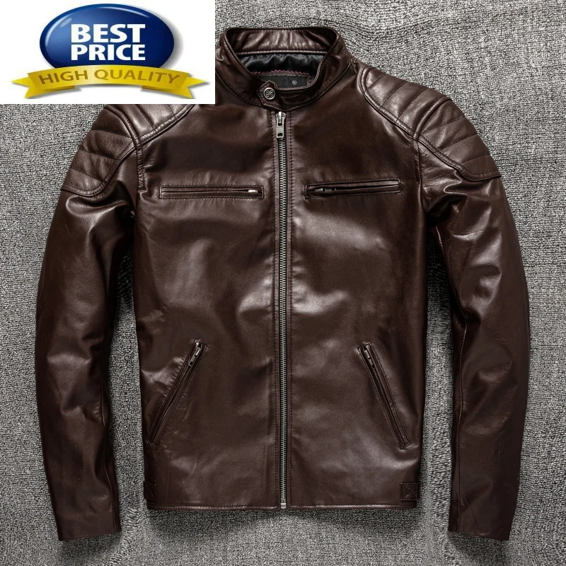 Jacket Men Leather 100% Genuine Real Sheepskin Brown Male Bomber Motorcycle Biker Man's Coat Autumn Spring Cloth Fashion