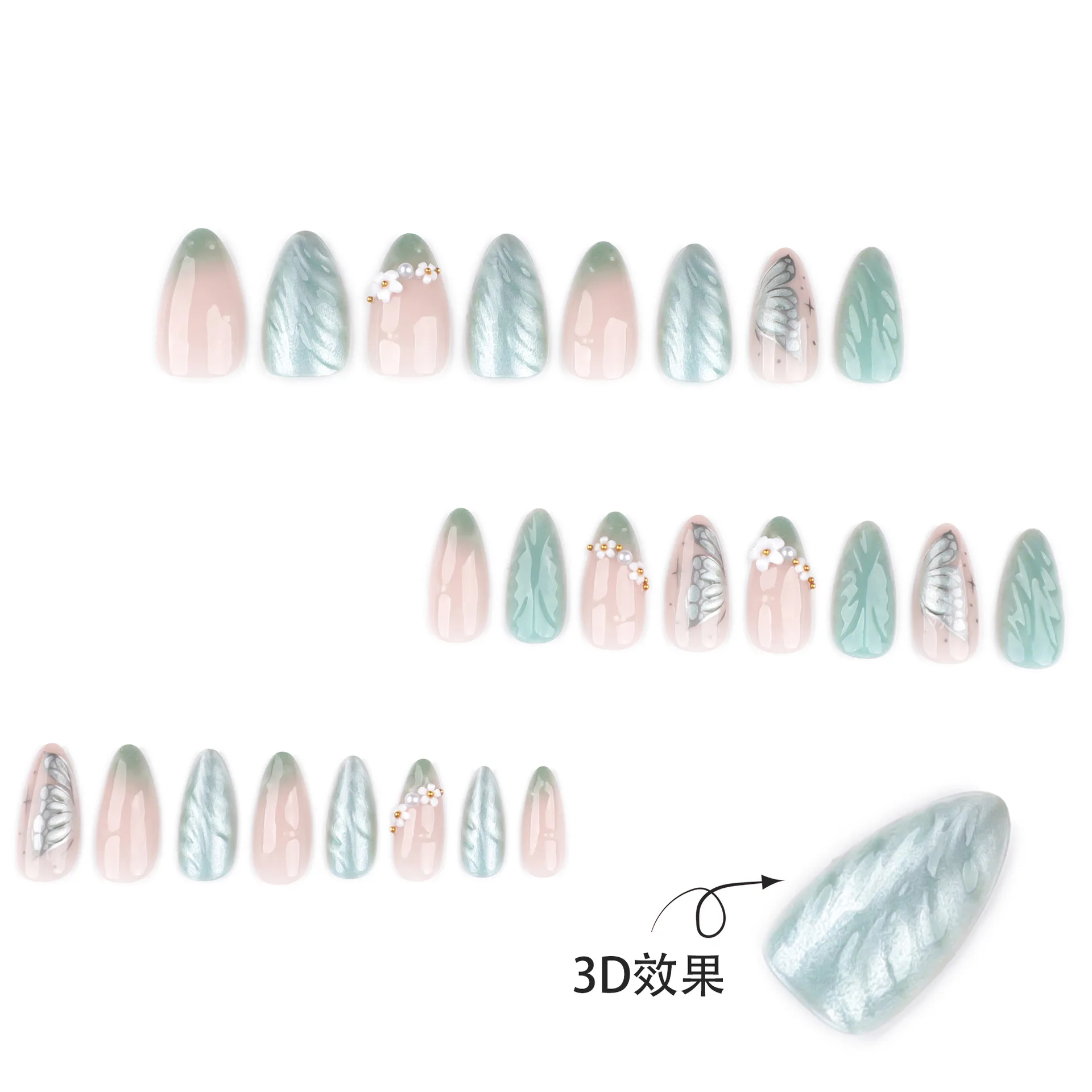 Faux ongles en amande verte fraîche, 24 pièces, avec motif floral 3D, à pression, pour filles, portant des patchs européens détachables