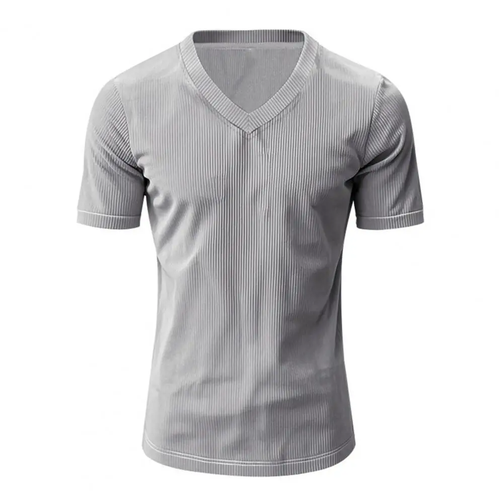 Men's V-Neck Corduroy T-Shirt Summer Ribbed Knit Tee Shirt Short Sleeve Casual Business Top for Work Vacation Street