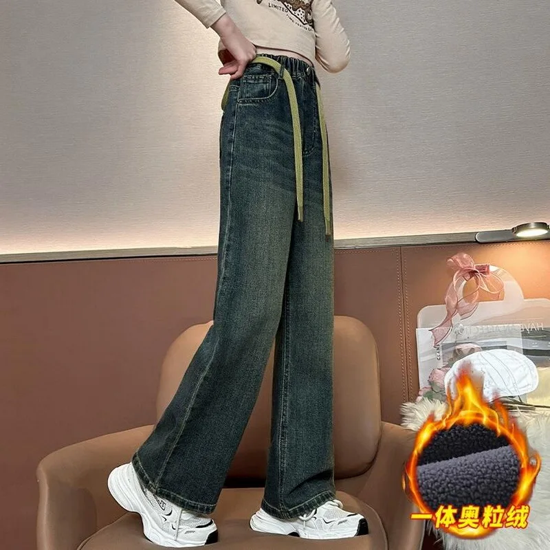 

Kids Loose Long Trousers 5-14Years Teenagers Girls Winter Warm Thick Jeans Children Denim Wide Leg Pants Girls Scimitar Pants