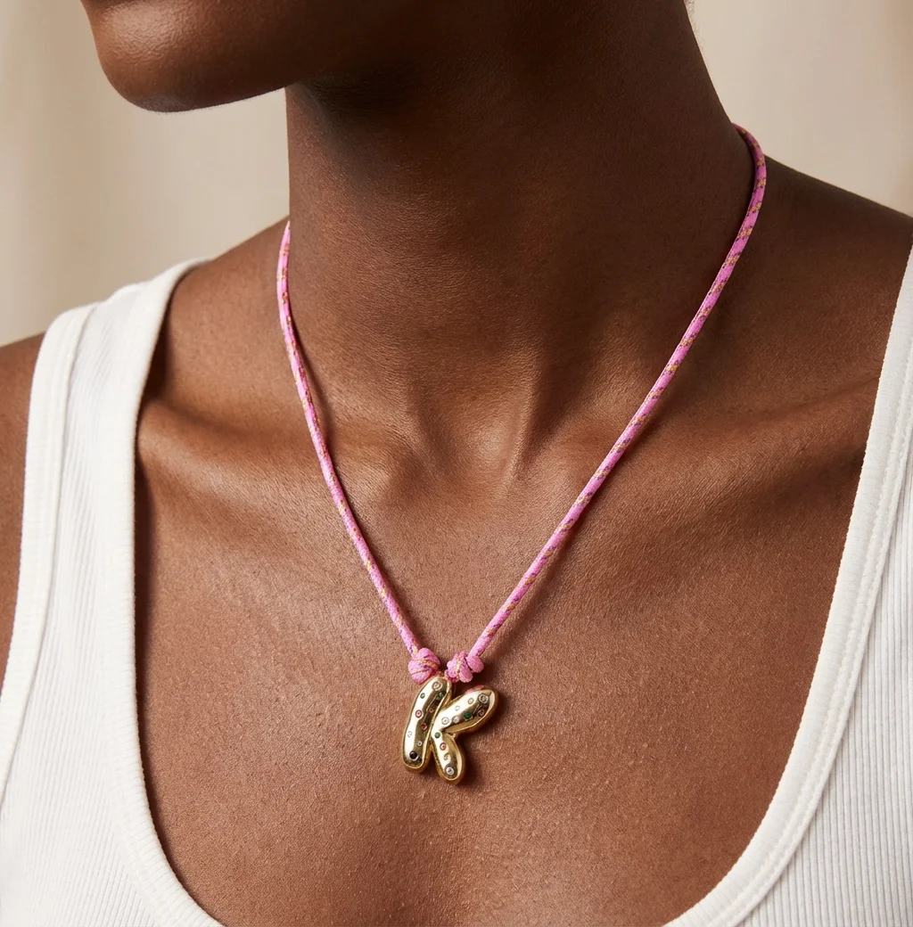 Colorful Zircon Chunky Bubble Letter K Pendant Necklace for Women Trendy Pink Rope Chain Gold Plated Choker Jewelry Gift