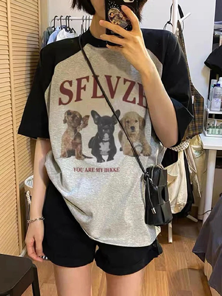 fashionable-color-block-shoulder-insertion-short-sleeve-t-shirt-women's-summer-new-style-loose-versatile-top-black-grey-splicing