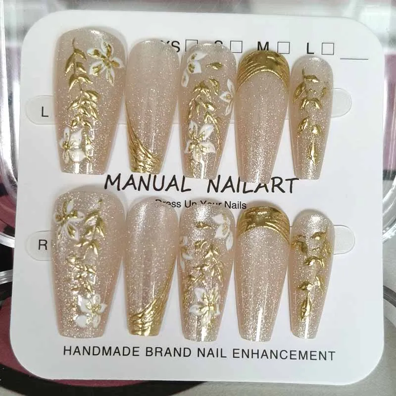 10 Stück Herbst neue Damen vergoldete Weidenkatzen mit Katzenauge und Relief Mint Rose Garden Hochwertige Press on Nails Fake Nail