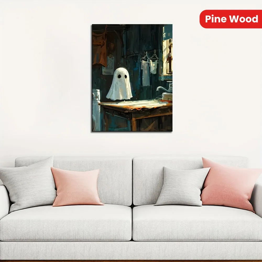 1.5 inch solid wood frame, Halloween ghost holding candle, ghost poster hanging painting in Gothic canvas wooden frame