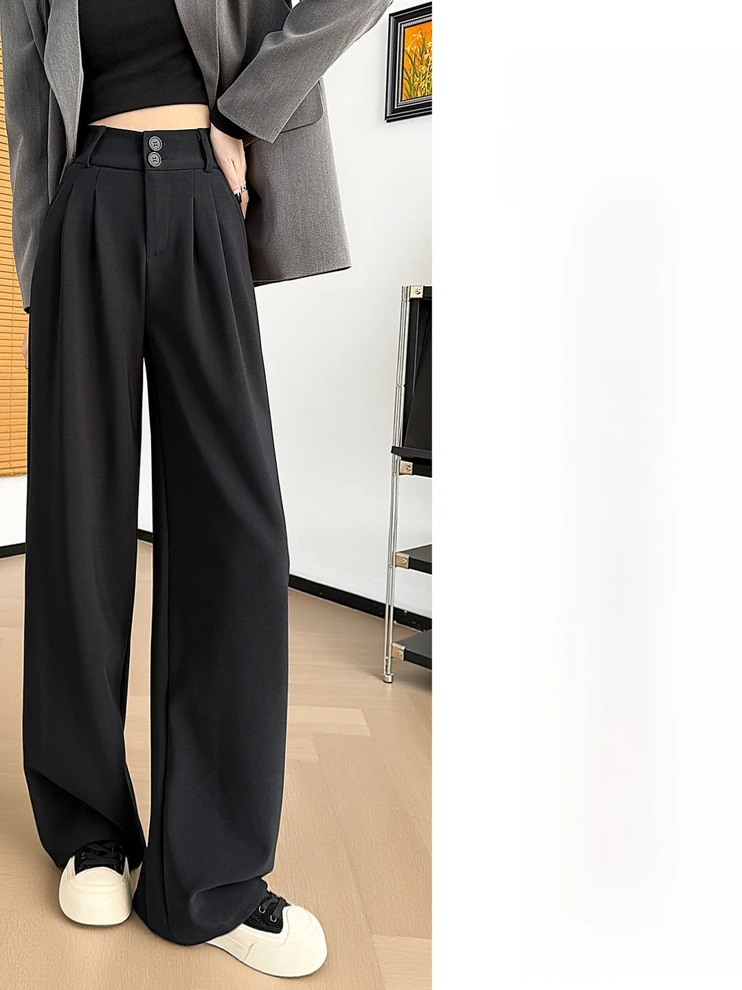 슬림핏 와이드 레그 팬츠 여성 캐주얼 스트레이트 컷 바지 하이웨이스트 엘라스틱 웨이스트 폴리에스터 스판덱스 혼방 겨울 신상...