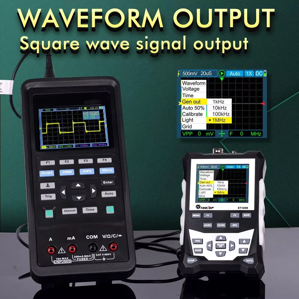 TOOLTOP ET120M 2.4-Inch Screen Digital Oscilloscope 120MHz Analog Bandwidth 1Mhz Square Wave Signal Output Handheld Oscilloscope