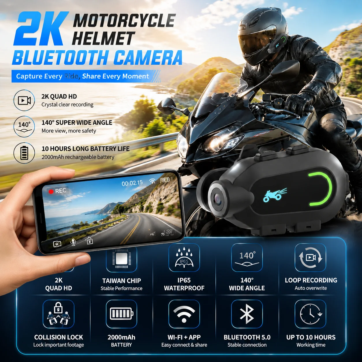 Motorcycle Helmet 2K Video Recorder DVR Motorcycle Dashcam, App View Download