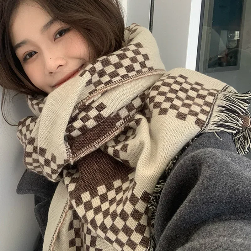 

Imitation Cashmere Checkerboard Scarf Women's Winter Versatile Student Thick Scarf Dual-purpose Couple Shawl