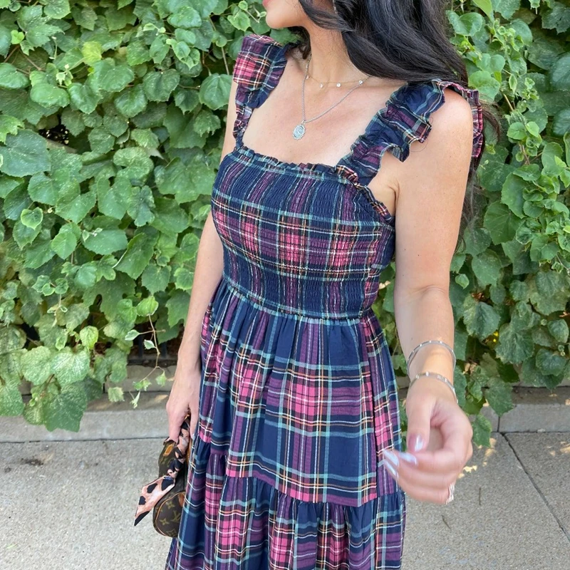 Combhasaki Donna Estate Senza Maniche Increspato Cinghie Larghe Smocked Collo Quadrato Backless A strati Flowy Swing Allentato A-line Abito Lungo