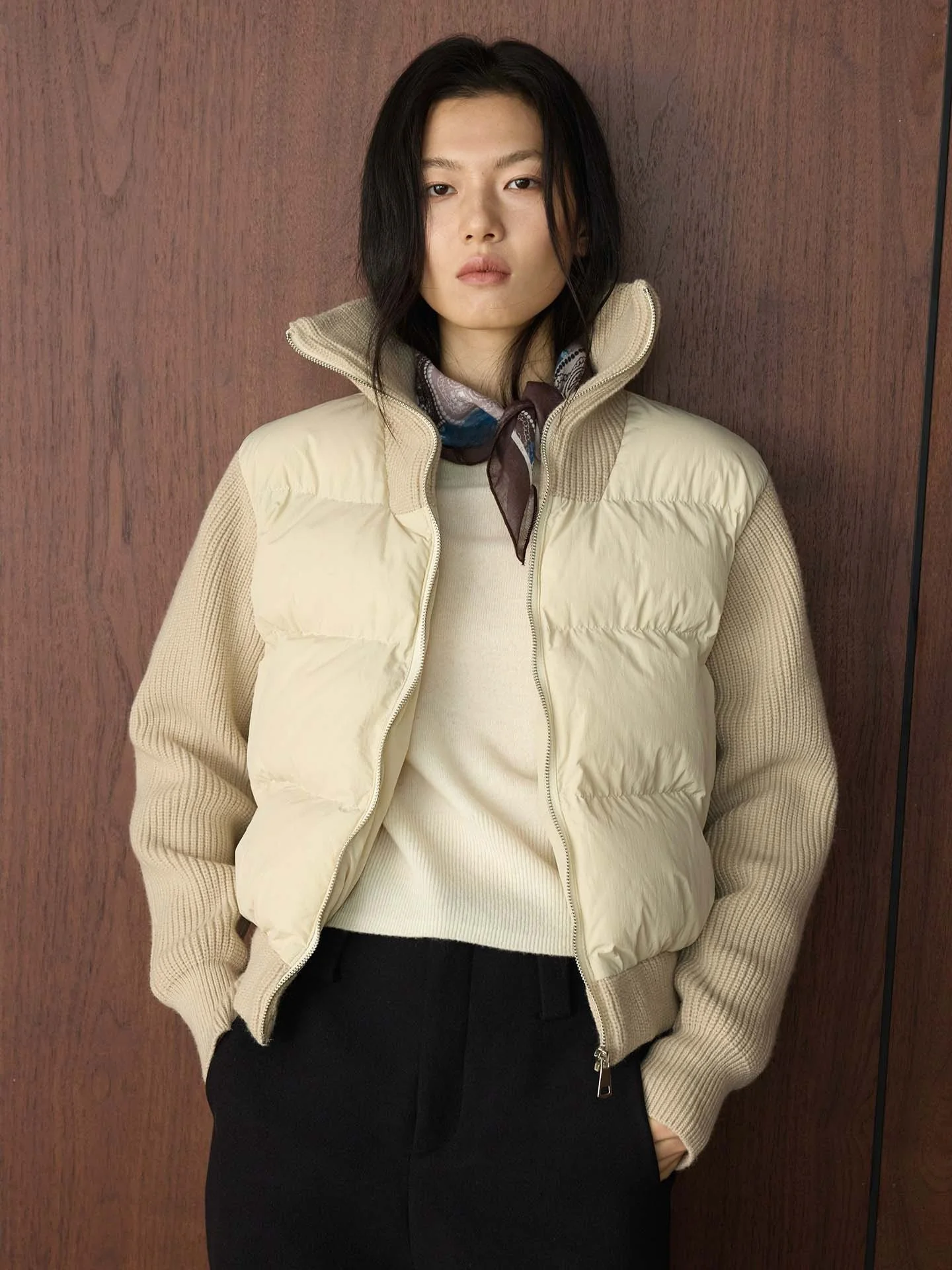 

Winter Commute High Collar Knitted Sweater Short Jacket Women's Fashion Cotton Blend Sleeve Patchwork Stylish Compact Size