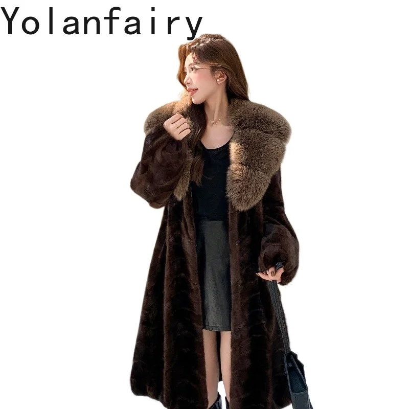 YOLANFAIRY High Quality Pieced Mink Real Fur Coat Women Winter 2026 Elegant Long Mink Fur Coats Fox Fur Collar Jacket 100-104cm
