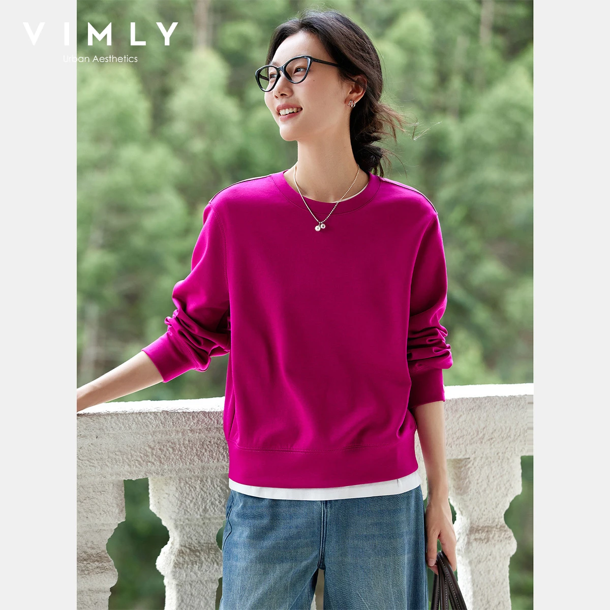 VIMLY Woman Sweatshirts Red Embroider Round Neck Long Sleeve Ladies Tops Autumn 2025 New Knitted Loose Sweatshirts Female A2211
